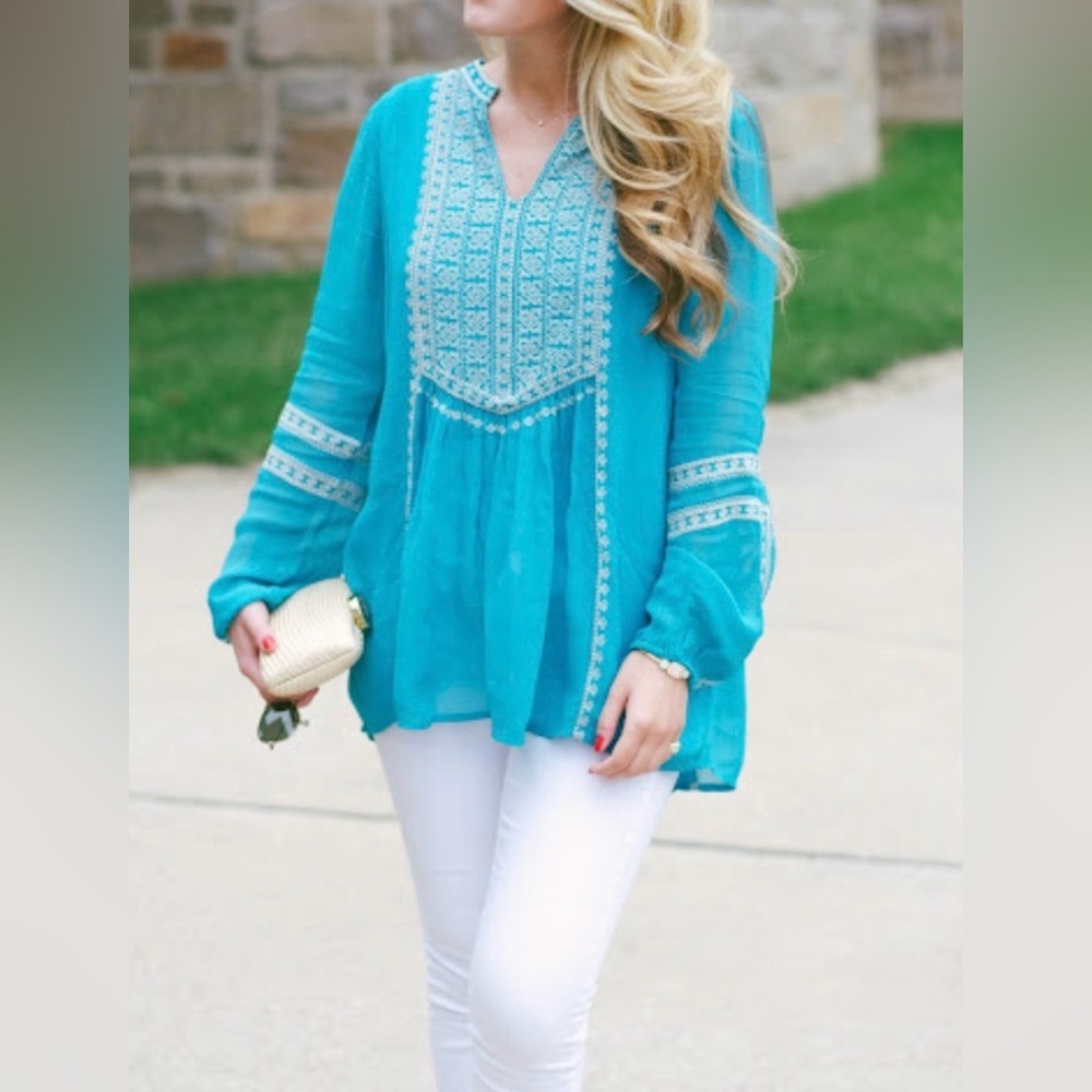 NWT Tolani Lauren Embroidered Boho Tunic Top in Caribbean,Large, Coverup Dress